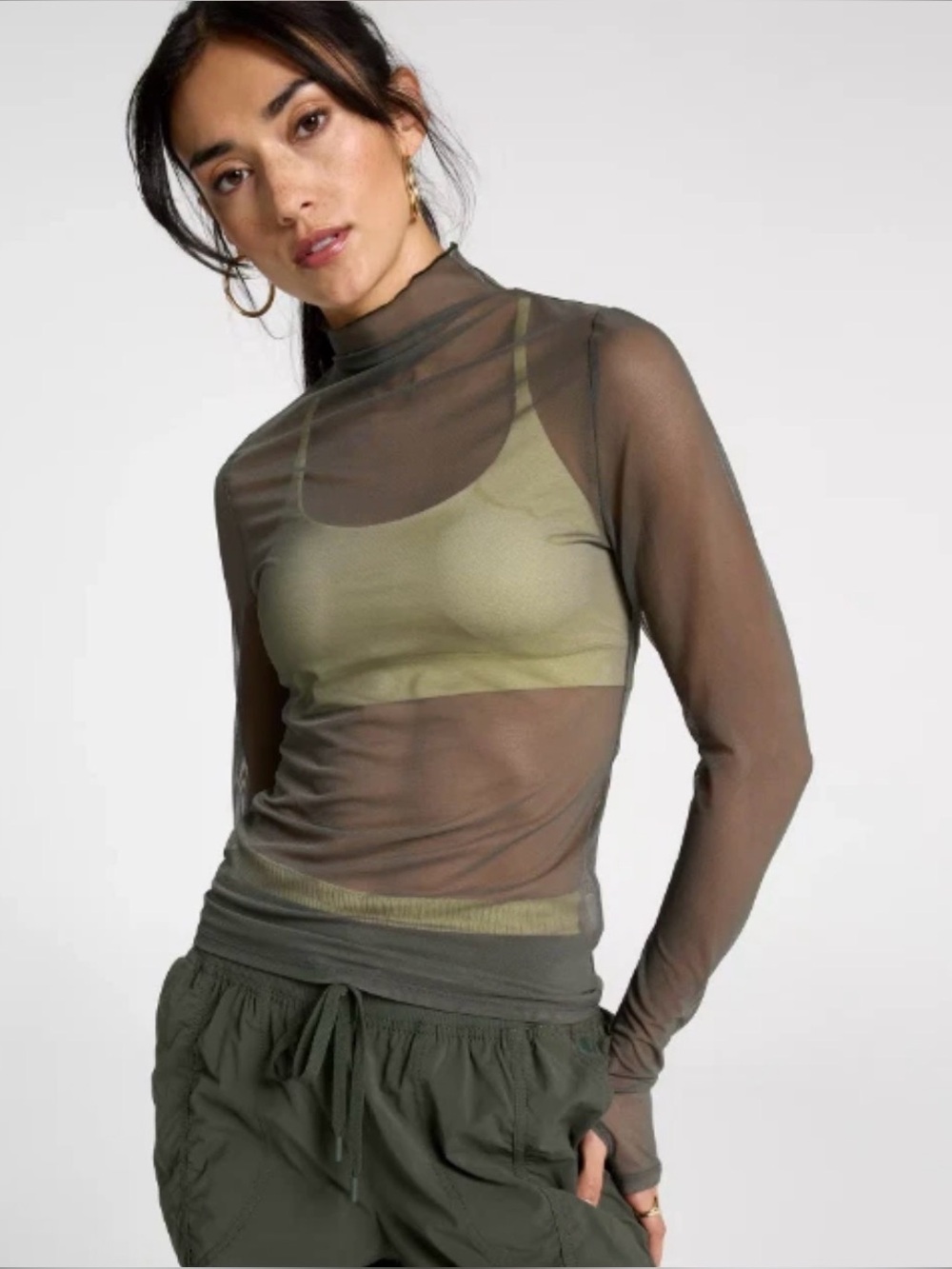 CALIA by Carrie Underwood Draped Funnel Long Sleeve Top Size M Ivy Green